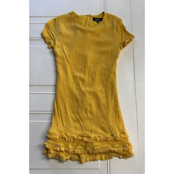 Lulu's Dresses & Skirts - Lulu's Buenos Aires Golden Yellow Crochet Ruffle Short Sleeve Shift Dress Sz S